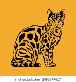 Silueta de un gato bengalí sentado de perfil sobre un fondo amarillo.