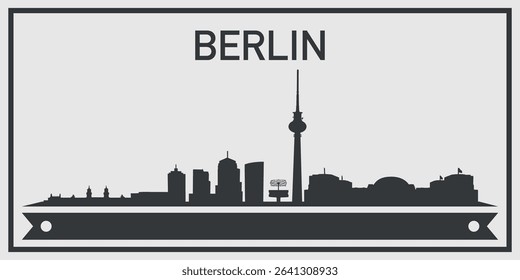 Silhouette of Berlin city skyline with minimalistic design in black and gray color scheme and decorative ribbon for text on the bottom. Vector on a gray background