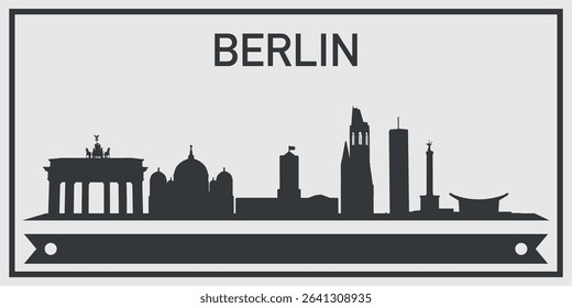 Silhouette of Berlin city skyline with minimalistic design in black and gray color scheme and decorative ribbon for text on the bottom. Vector on a gray background