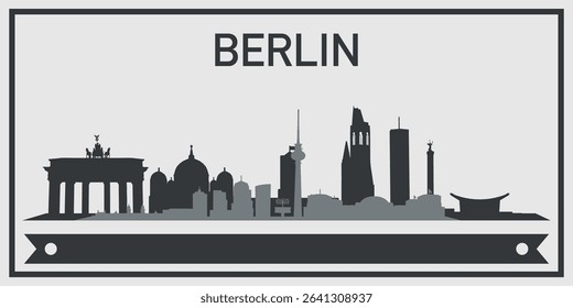 Silhouette of Berlin city skyline with minimalistic design in black and gray color scheme and decorative ribbon for text on the bottom. Vector on a gray background