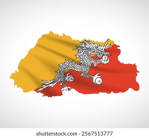 Silhouette of Bhutan map filled with the Bhutanese flag design, symbolizing national pride, cultural heritage, and geographic uniqueness.  
