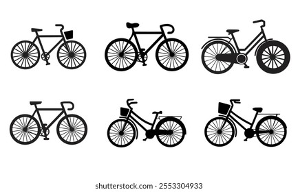 Paquete del icono de la bicicleta de la silueta aislado en un fondo blanco, sistema del icono de la bicicleta
