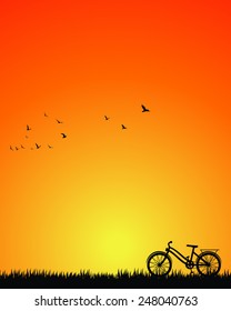Silhouette of bicycle on nature at sunset. Vertical vector background.