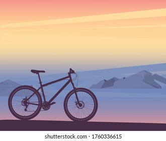 Silhouette of bicycle sunset or sunrise, mountain landscape. Vector 