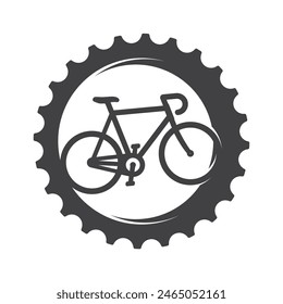 A silhouette of a bicycle within a gear, symbolizing cycling, mechanics, and transportation. Isolated on white background