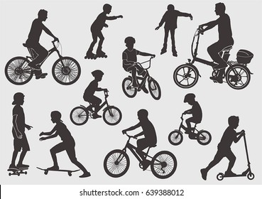 Silhouette of a bicyclist. Girls on the rollers. A boy on a skateboard. The boy on the scooter