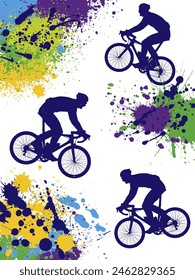 Silhouette of bicyclists with color ink splash elements, vertical banner. Vector illustration