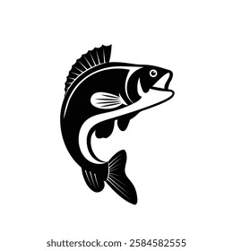 a silhouette of big bass fish in black and white vector illustration icon set isolated on white background. bass fish logo and art work.