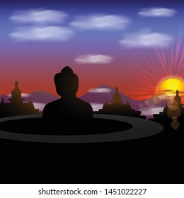 Silhouette Big Buddha statue in temple and mountain