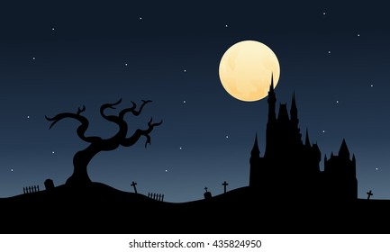 Silhouette of big castle halloween with full moon