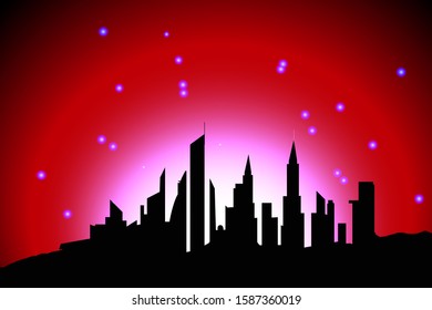 silhouette of a big city against the background of radiance and starry sky, humanity against the background of the universe