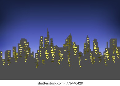 Silhouette of a big city against the background of a dark evening sky. The windows in the houses are lit. Beautiful landscape. Vector illustration.