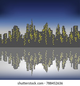 Silhouette of a big city against the background of a dark sky. The windows in the houses are lit. The city is reflected in the water. Beautiful landscape. Vector illustration.
