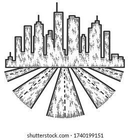 Silhouette of a big city and emerging roads from it. Sketch scratch board imitation. Black and white. Engraving vector illustration.