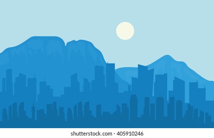 Silhouette of big city and moon with mountain background