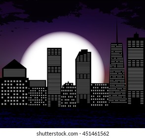 Silhouette of Big City on Background of White Moon. Vector Illustration. EPS10