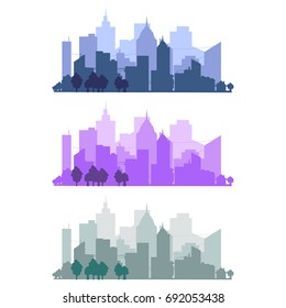 Silhouette of a big city on a white background set, skyscrapers, building, business centers. Panorama of the city on the horizon,  sunset, urban design vector illustration.