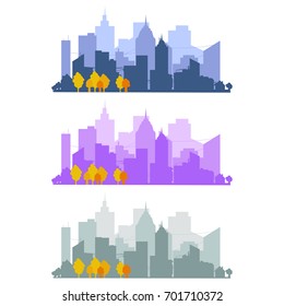 Silhouette of a big city on a white background set, skyscrapers, building, business centers. Panorama of the city on the horizon, sunset, urban design vector illustration.