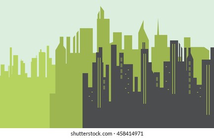 Silhouette of big city scenery on green backgrounds