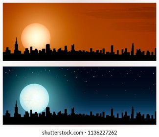 Silhouette of a big city. Two options. Night sky with a full moon. Or the dawn and the rising sun.