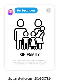 Silhouette of big family. Man, woman and three children: newborn, boy and girl thin line icon. Modern vector illustration.