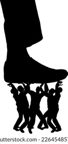 The silhouette of a big foot presses on the crowd of people resisting it. The concept of a cohesive business team. Vector Silhouette