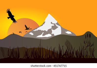 Silhouette of the big mountain at dawn. Vector.