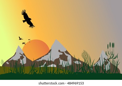 Silhouette of the big mountain at dawn. Vector.