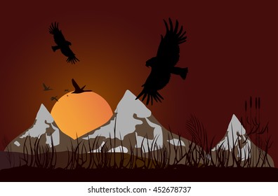 Silhouette of the big mountain at sunset. Vector.