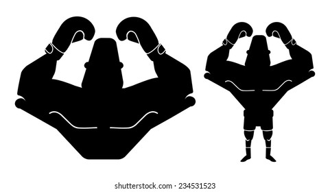 Silhouette of big muscular boxer with hands raised up. Vector black color illustration isolated on white 