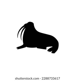 Silhouette of big northern walrus with large tusks, black outline vector illustration isolated on white background. Wild walrus animal living in polar or arctic nature.