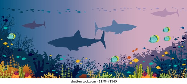 Silhouette of big sharks, beautiful coral reef and tropical fishes in a sea background. Vector panoramic illustration. Underwater nature and marine wildlife. 