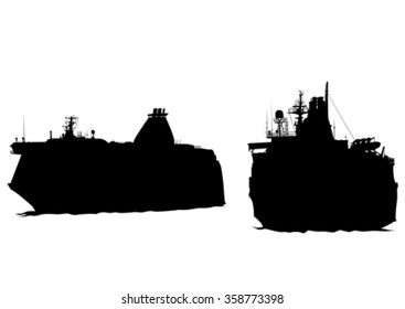 Silhouette of big ship on white background