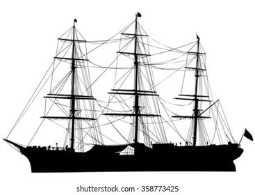 Silhouette of big ship on white background