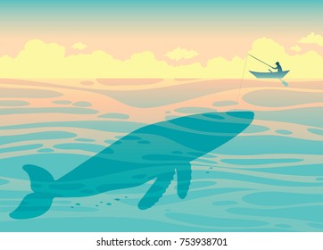 Silhouette of big whale and fisherman in the ocean. Vector illustration with fisherman and sea creatures.