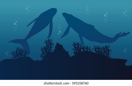 Silhouette of big whale and reef on ocean landscape