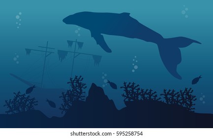 Silhouette of big whale and ship landscape