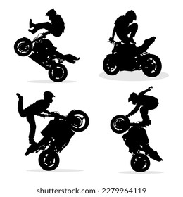 Silhouette de un ciclista haciendo trucos de estilo libre en su motocicleta.Conjunto de silueta vectorial