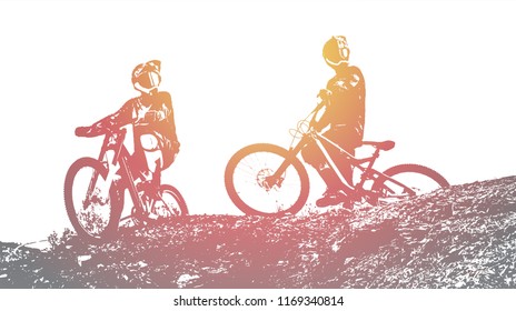 Silhouette of a biker. Downhill mountain biking background. Vector Illustration 