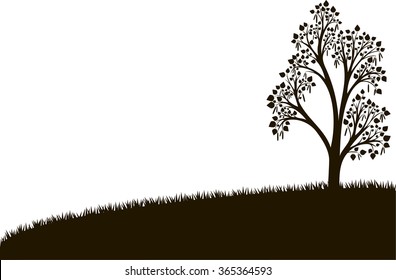 silhouette of birch tree with leaves at grass, vector illustration