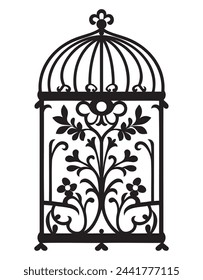 Silhouette of a bird cage decorative with leaves, Black wall decals with flying birds in cage, minimalistic decorative art for interior, Silhouette of a decorative vintage bird cage