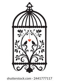 Silhouette of a bird cage decorative with leaves, Black wall decals with flying birds in cage, minimalistic decorative art for interior, Silhouette of a decorative vintage bird cage