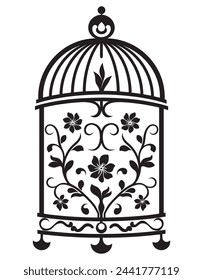 Silhouette of a bird cage decorative with leaves, Black wall decals with flying birds in cage, minimalistic decorative art for interior, Silhouette of a decorative vintage bird cage