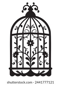 Silhouette of a bird cage decorative with leaves, Black wall decals with flying birds in cage, minimalistic decorative art for interior, Silhouette of a decorative vintage bird cage