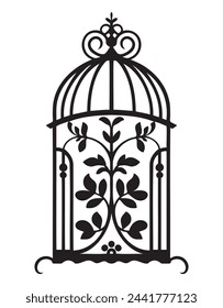 Silhouette of a bird cage decorative with leaves, Black wall decals with flying birds in cage, minimalistic decorative art for interior, Silhouette of a decorative vintage bird cage