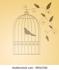 Silhouette  bird in a cage. Isolated.
