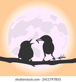 silhouette of a bird feeding worms to a bird feeder on a tree branch, moon background illustration