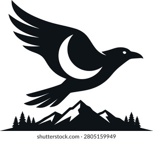 A silhouette of a bird in flight above a mountain range with pine trees in the foreground