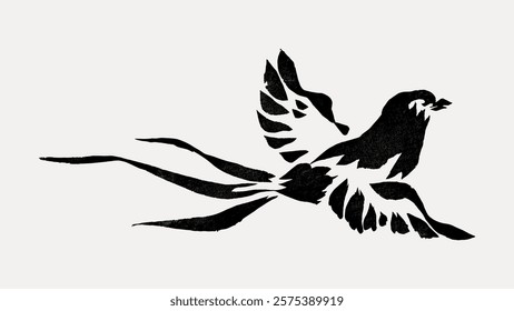 Silhouette of a bird in flight. Bird with outstretched wings. Black bird silhouette on a light background. Elegant bird silhouette with flowing tail feathers. Vintage animal illustration, vector.