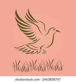 silhouette of a bird flying over the grass on a pink background